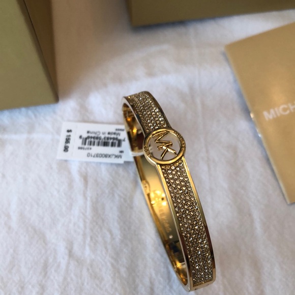 Michael Kors Polished Gold Plated Brass & Pave Crystals Logo Bangle NWT & Box - Picture 3 of 16